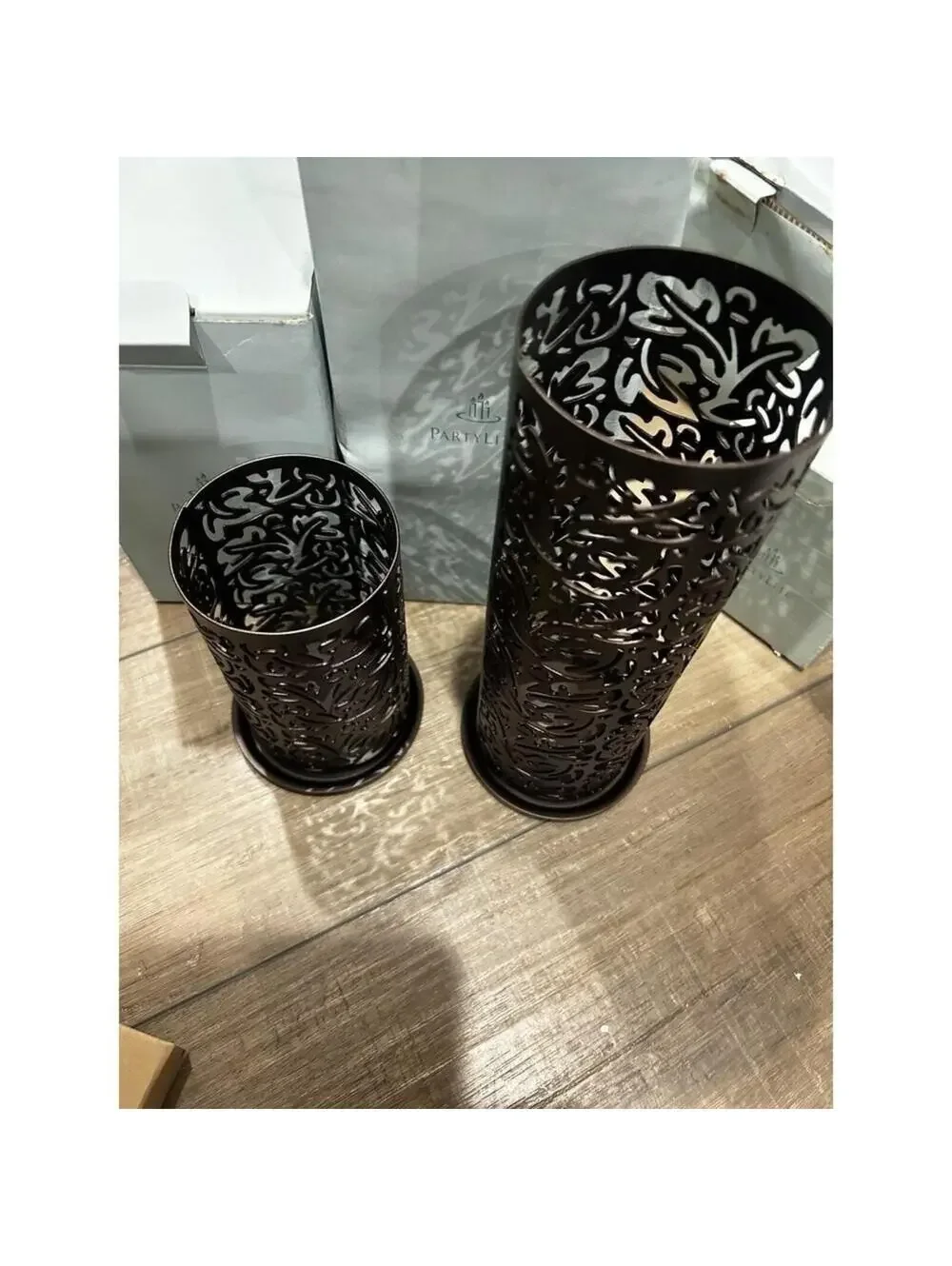 Partylite Thai Inspiration Metal Pillar Candle Sleeves With Bases Set Of 2 NEW